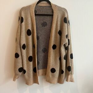 Tan and Black Polka Dot Open Front Knitted Drape Cardigan - Medium